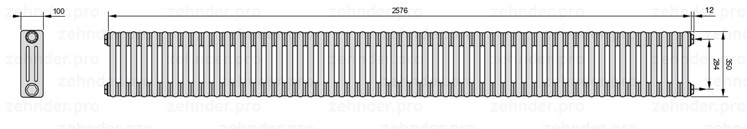 Схема (чертеж) Радиатор Zehnder Charleston 3035/56 №7610 Белый глянцевый RAL 9016